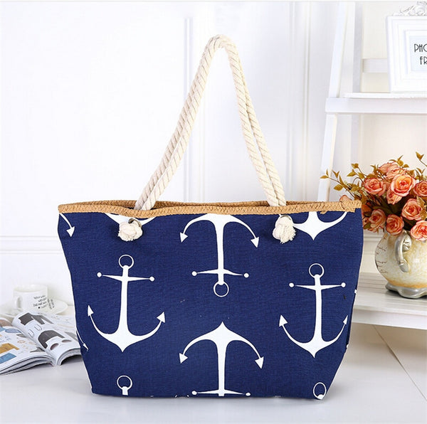 Women Large Capacity Summer Bag Hemp Rope Straw Weave Printed Anchor Canvas Bag Shopping Big Tote Beach Bag