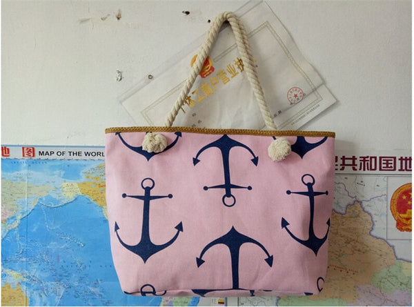 Women Large Capacity Summer Bag Hemp Rope Straw Weave Printed Anchor Canvas Bag Shopping Big Tote Beach Bag