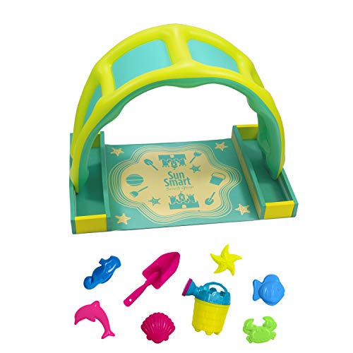 SunSmart Kiddie Activity Play Set, Beach Sand Toy Playset with Eight (8) Toys, Foldable/Portable Take Along Beach Sand Play Kit with UPF50 Canopy