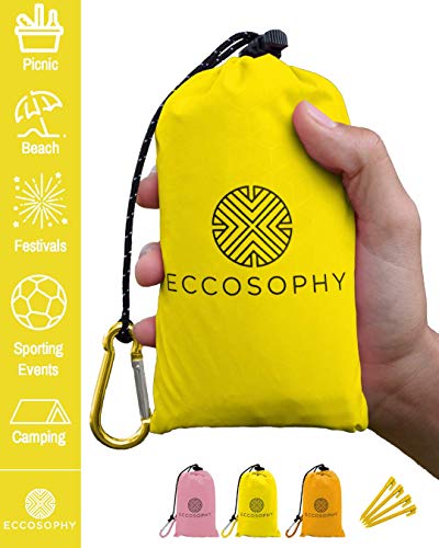 ECCOSOPHY Sand Proof Beach Blanket - 100% Waterproof Picnic Blanket 65x55 - Outdoor Compact Pocket Blanket - Lightweight Ground Cover for Hiking, Camping, Festivals, Sports, Travel- with Bag & Stakes