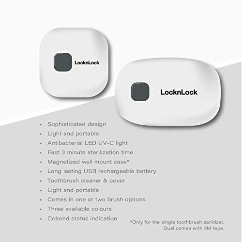 Lock & Lock UV-C Automatic Premium Toothbrush Sanitizer, Antibacterial Germ Free Sterilizer for Toothbrush, Compatible with All Brush Head, for Home and Travel USB Rechargeable Battery (Single, Gray)
