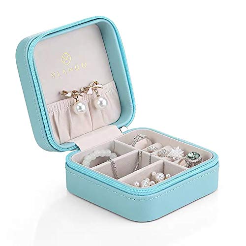 Vlando Small Travel Jewelry Box Organizer Display Case for Girls Women Gift Rings Earrings Necklaces Storage, Blue