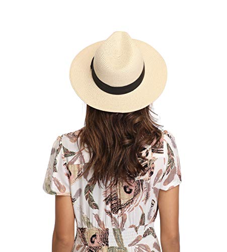 Lanzom Women Wide Brim Straw Panama Roll up Hat Fedora Beach Sun Hat UPF50+ (A-Khaki)
