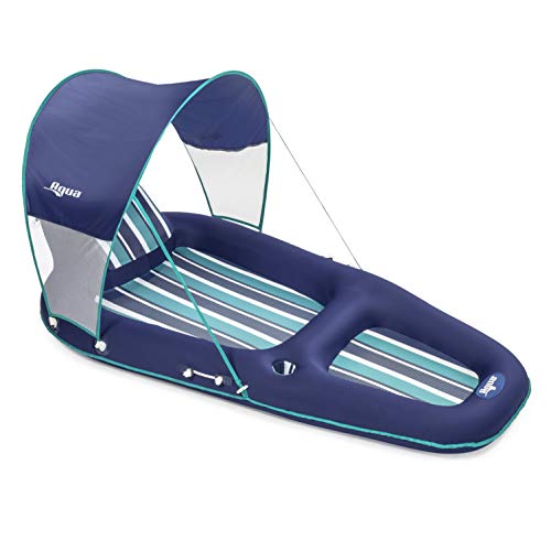 Aqua Oversized Deluxe Pool Lounger, Inflatable Pool Float with UPF 50 Sunshade Canopy, Heavy Duty, X-Large, Navy/Aqua/White Stripe