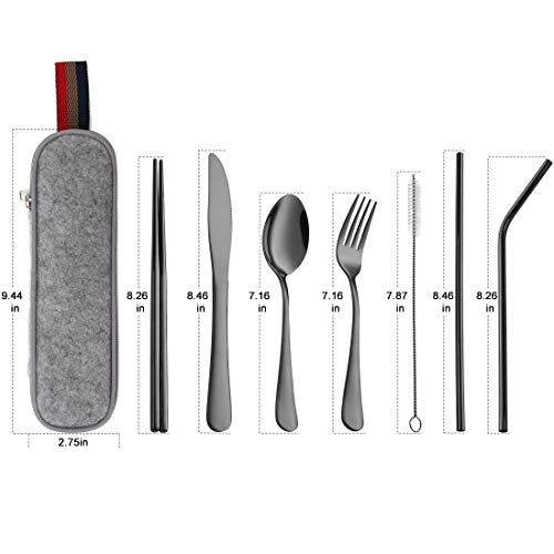 Devico Portable Utensils, Travel Camping Cutlery Set, 8-Piece including Knife Fork Spoon Chopsticks Cleaning Brush Straws Portable Case, Stainless Steel Flatware set (8-piece Black)