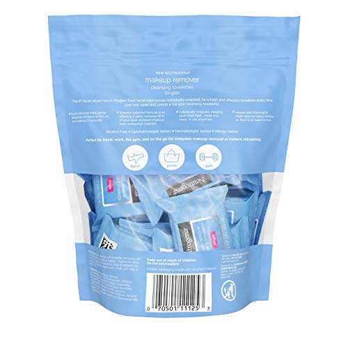 Neutrogena Makeup Remover Cleansing Towelette Singles, Daily Face Wipes to Remove Dirt, Oil, Makeup & Waterproof Mascara, Individually Wrapped, 20 ct