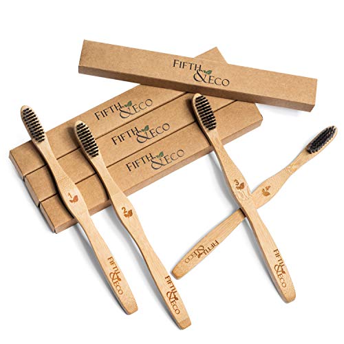 Fifth & Eco Eco-friendly Premium Bamboo Toothbrushes (Pack of 4)|Natural bamboo toothbrush with Soft Charcoal Bristles | Eco toothbrush with biodegradable, ergonomic handle | Wooden toothbrushes