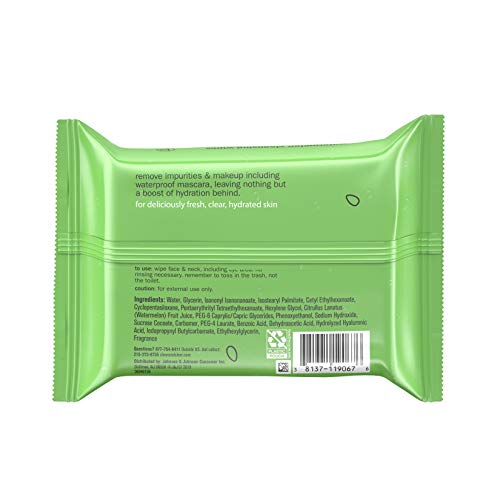 Clean & Clear Hydrating Watermelon Facial Cleansing Wipes to Remove Makeup, Dirt & Impurities, Oil-Free Pre-Moistened Daily Face Wipes, Convenient & Travel-Friendly, 25 ct