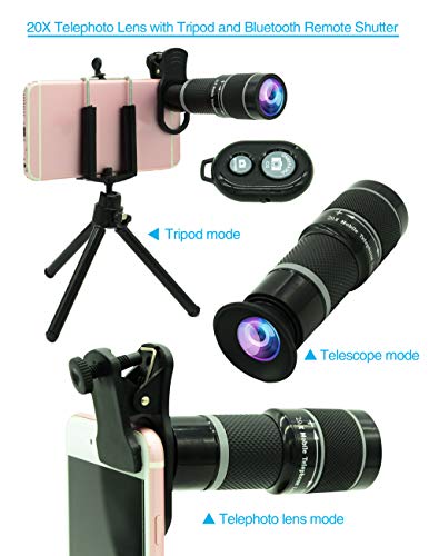 Cell Phone Camera Lens Kit,11 in 1 Universal 20x Zoom Telephoto Lens,0.63Wide Angle+15X Macro+198°Fisheye+2X Telephoto+Kaleidoscope+CPL/Starlight/Eyemask/Tripod/Remote,for Most Smartphone (Black)