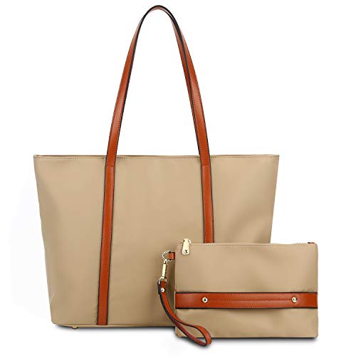 YALUXE Tote for Women Leather Nylon Shoulder Bag Women's Oxford Nylon Large Capacity Work fit 15.6 inch brown&Tan