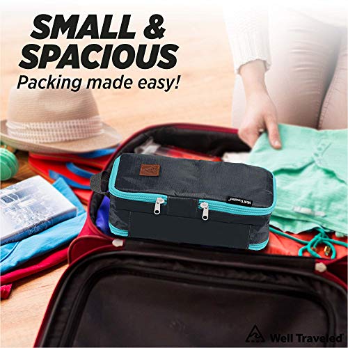 Well Traveled Travel Toiletry Bag – for Makeup, Cosmetics, Shaving Kit, Hand Sanitizer, Disinfectant, Soap - Multicolor Organizer for Men, Women - Compact, 3 Compartments, Soft-Sided, 10x4.5x4 Inch