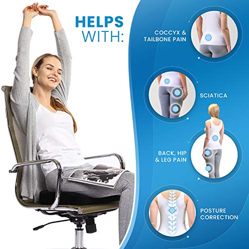 Everlasting Comfort Seat Cushion for Office Chair - Tailbone Pain Relief Cushion - Coccyx Cushion - Sciatica Pillow for Sitting (Black)