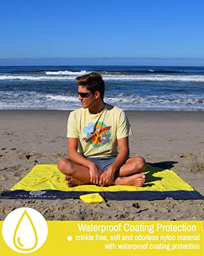 ECCOSOPHY Sand Proof Beach Blanket - 100% Waterproof Picnic Blanket 65x55 - Outdoor Compact Pocket Blanket - Lightweight Ground Cover for Hiking, Camping, Festivals, Sports, Travel- with Bag & Stakes