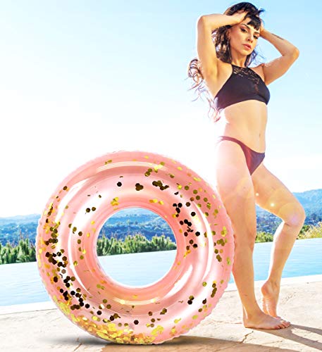 CoTa Global Inflatable Pool Float Tube Confetti 36 Inches Premium Swim Ring Heavy Duty Vinyl Flotation Pool Floats Toy for The Beach, Party, Vacation, UV Resistant - Pool Party (Rose Gold)