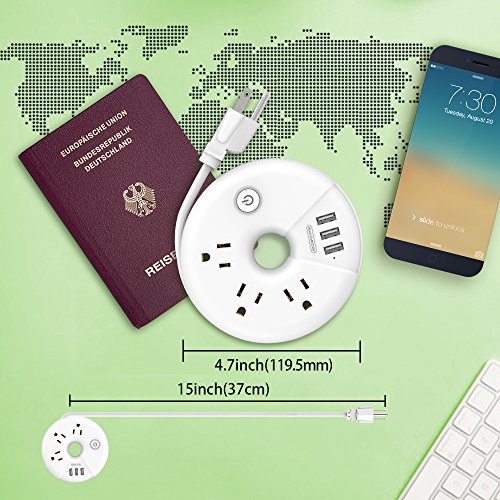 Travel Power Strip, NTONPOWER 3 Outlets 3 USB Portable Desktop Charging Station Short Extension Cord 15 inch for Office, Home, Hotels, Cruise Ship, Nightstand - White