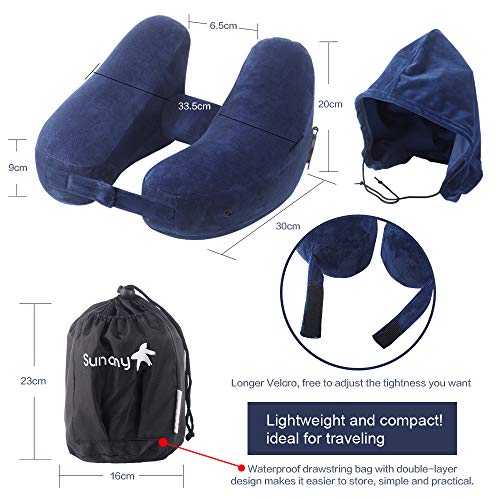 Neck Pillow Inflatable Travel Pillow Comfortably Supports The Head, Neck and Chin, Airplane Pillow with Soft Velour Cover, Hat, Portable Drawstring Bag, 3D Eye Mask and Earplugs (Blue)
