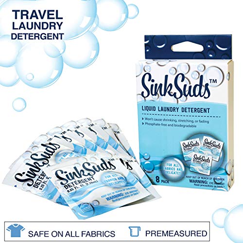 SinkSuds Travel Laundry Detergent Liquid Soap + Odor Eliminator for All Fabrics Including Delicates, (TSA Compliant), 8 Sink-Packets (0.25 fl oz each)