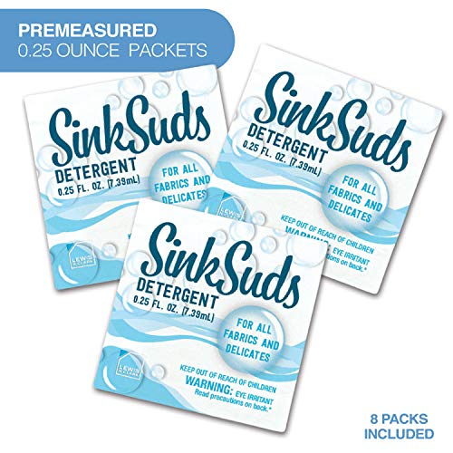 SinkSuds Travel Laundry Detergent Liquid Soap + Odor Eliminator for All Fabrics Including Delicates, (TSA Compliant), 8 Sink-Packets (0.25 fl oz each)