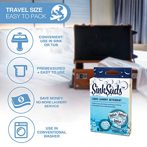 SinkSuds Travel Laundry Detergent Liquid Soap + Odor Eliminator for All Fabrics Including Delicates, (TSA Compliant), 8 Sink-Packets (0.25 fl oz each)