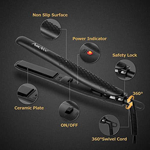 AmoVee Mini Flat Travel Iron Smart Ceramic Tourmaline Hair Straightener Negative Ionic Technology