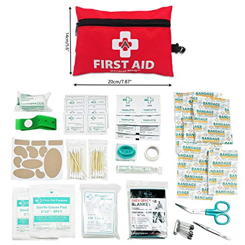 Mini First Aid Kit,92 Pieces Small First Aid Kit - Includes Emergency Foil Blanket, CPR Respirator, Scissors for Travel, Home, Office, Vehicle,Camping, Workplace & Outdoor (Red)