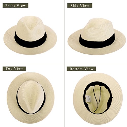 Anycosy Panama Straw Hat,Womens Sun Hats Summer Wide Brim Floppy Fedora Beach Cap UPF50+(A01-Beige)