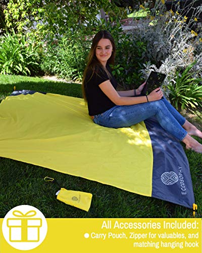 ECCOSOPHY Sand Proof Beach Blanket - 100% Waterproof Picnic Blanket 65x55 - Outdoor Compact Pocket Blanket - Lightweight Ground Cover for Hiking, Camping, Festivals, Sports, Travel- with Bag & Stakes