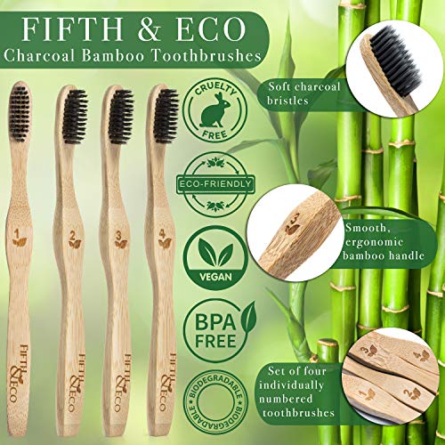 Fifth & Eco Eco-friendly Premium Bamboo Toothbrushes (Pack of 4)|Natural bamboo toothbrush with Soft Charcoal Bristles | Eco toothbrush with biodegradable, ergonomic handle | Wooden toothbrushes