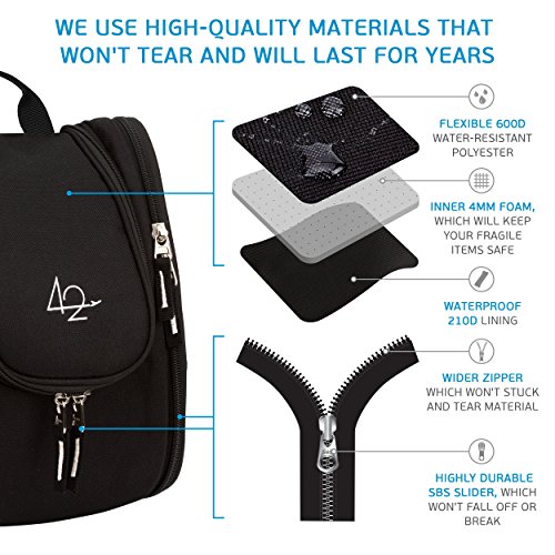 42 Travel Hanging Toiletry Bag – Large Kit Organizer for Men & Women – Spacious & Compact, 17 Compartments for all you need - Strong Zippers, Sturdy Hook, Water Resistant