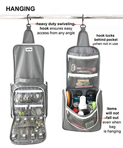 WAYFARER SUPPLY Hanging Toiletry Bag for Women: Pack-it-flat Travel Bag w Jewelry Organizer Fits Full Sized Travel Accessories, Grey