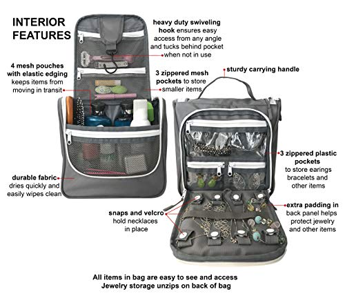 WAYFARER SUPPLY Hanging Toiletry Bag for Women: Pack-it-flat Travel Bag w Jewelry Organizer Fits Full Sized Travel Accessories, Grey