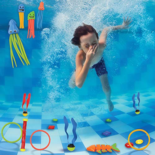 30 Pcs Diving Pool Toys Jumbo Set with Storage Bag Includes (5) Diving Sticks, (6) Diving Rings, (5) Pirate Treasures, (4) Toypedo Bandits, (3) Diving Toy Balls, (3) Fish Toys, (4) Stringy Octopus