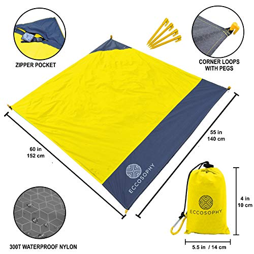 ECCOSOPHY Sand Proof Beach Blanket - 100% Waterproof Picnic Blanket 65x55 - Outdoor Compact Pocket Blanket - Lightweight Ground Cover for Hiking, Camping, Festivals, Sports, Travel- with Bag & Stakes