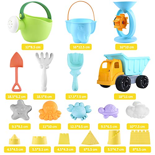 Biulotter 20Pcs Kids Beach Sand Toys Set Sand Water Wheel, Castle Molds, Truck Bucket, Beach Shovels RakesTool Kit, Hourglass, Sea Animal Molds, Watering Can, Cloud, with Mesh Backpack Sandbox 2019
