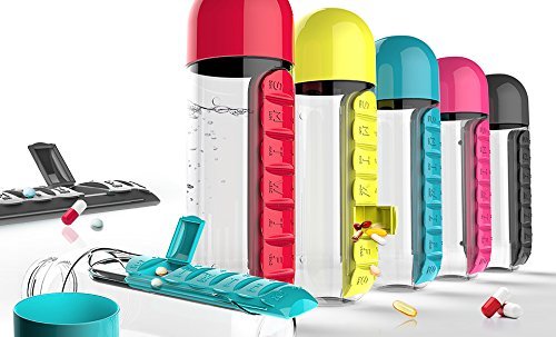 Asobu Combine Daily Pill Box Organizer with Water Bottle, 20 oz, Black (Blue)