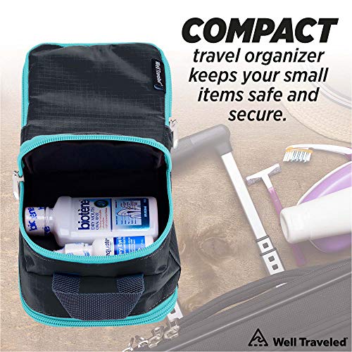 Well Traveled Travel Toiletry Bag – for Makeup, Cosmetics, Shaving Kit, Hand Sanitizer, Disinfectant, Soap - Multicolor Organizer for Men, Women - Compact, 3 Compartments, Soft-Sided, 10x4.5x4 Inch