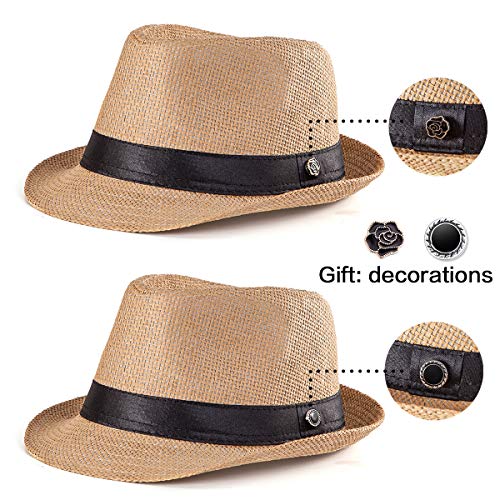 Straw Hat for Women Men - Summer Khaki Fedora Hat with Band Sun Hat for Travel
