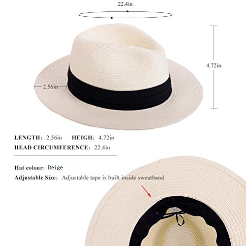 Anycosy Panama Straw Hat,Womens Sun Hats Summer Wide Brim Floppy Fedora Beach Cap UPF50+(A01-Beige)
