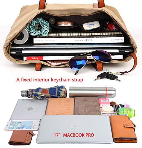 YALUXE Tote for Women Leather Nylon Shoulder Bag Women's Oxford Nylon Large Capacity Work fit 15.6 inch brown&Tan