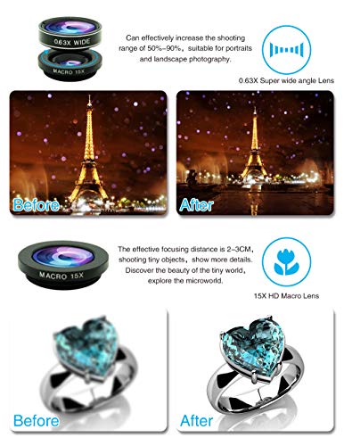 Cell Phone Camera Lens Kit,11 in 1 Universal 20x Zoom Telephoto Lens,0.63Wide Angle+15X Macro+198°Fisheye+2X Telephoto+Kaleidoscope+CPL/Starlight/Eyemask/Tripod/Remote,for Most Smartphone (Black)