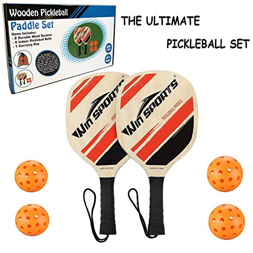 Win SPORTS Wooden Pickleball Paddle Set | Beginner Racket | Pickle Ball Paddles with 2 Paddles,4 Balls and 1 Carry Bag | Durable and Classic