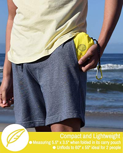 ECCOSOPHY Sand Proof Beach Blanket - 100% Waterproof Picnic Blanket 65x55 - Outdoor Compact Pocket Blanket - Lightweight Ground Cover for Hiking, Camping, Festivals, Sports, Travel- with Bag & Stakes