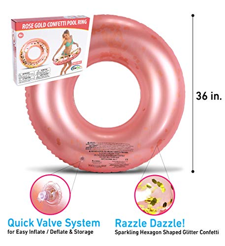 CoTa Global Inflatable Pool Float Tube Confetti 36 Inches Premium Swim Ring Heavy Duty Vinyl Flotation Pool Floats Toy for The Beach, Party, Vacation, UV Resistant - Pool Party (Rose Gold)