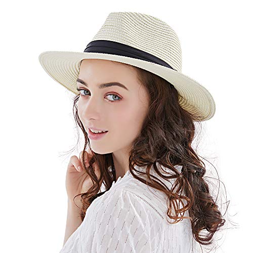 Anycosy Panama Straw Hat,Womens Sun Hats Summer Wide Brim Floppy Fedora Beach Cap UPF50+(A01-Beige)