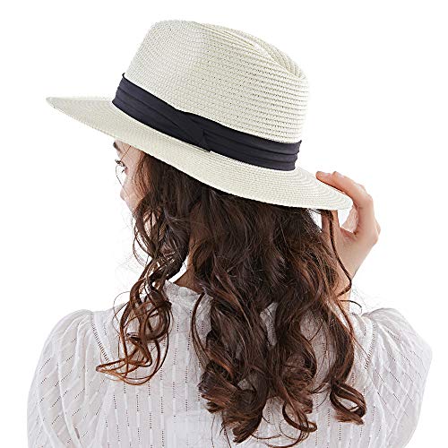 Anycosy Panama Straw Hat,Womens Sun Hats Summer Wide Brim Floppy Fedora Beach Cap UPF50+(A01-Beige)