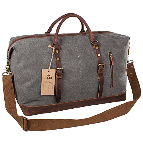 S-ZONE Oversized Leather Canvas Duffel Shoulder Weekender Mens Overnight Bag