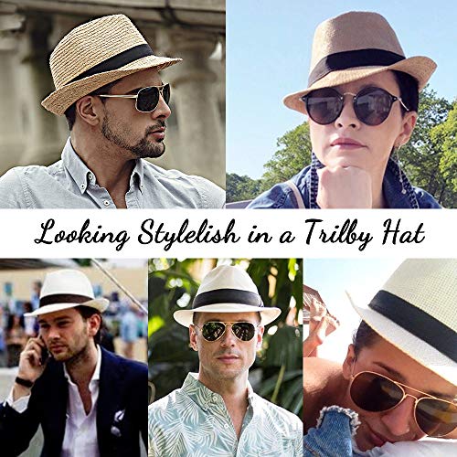 Straw Hat for Women Men - Summer Khaki Fedora Hat with Band Sun Hat for Travel