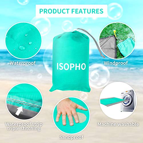 ISOPHO Beach Blanket, 79''×83'' Beach Blanket Waterproof Sandproof for 3-7 Adults, Oversized Lightweight Beach Mat, Portable Picnic Blankets, Sand Proof Mat for Travel, Camping, Hiking, Packable w/Bag