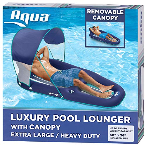 Aqua Oversized Deluxe Pool Lounger, Inflatable Pool Float with UPF 50 Sunshade Canopy, Heavy Duty, X-Large, Navy/Aqua/White Stripe