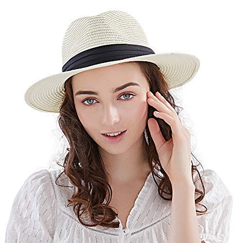 Anycosy Panama Straw Hat,Womens Sun Hats Summer Wide Brim Floppy Fedora Beach Cap UPF50+(A01-Beige)